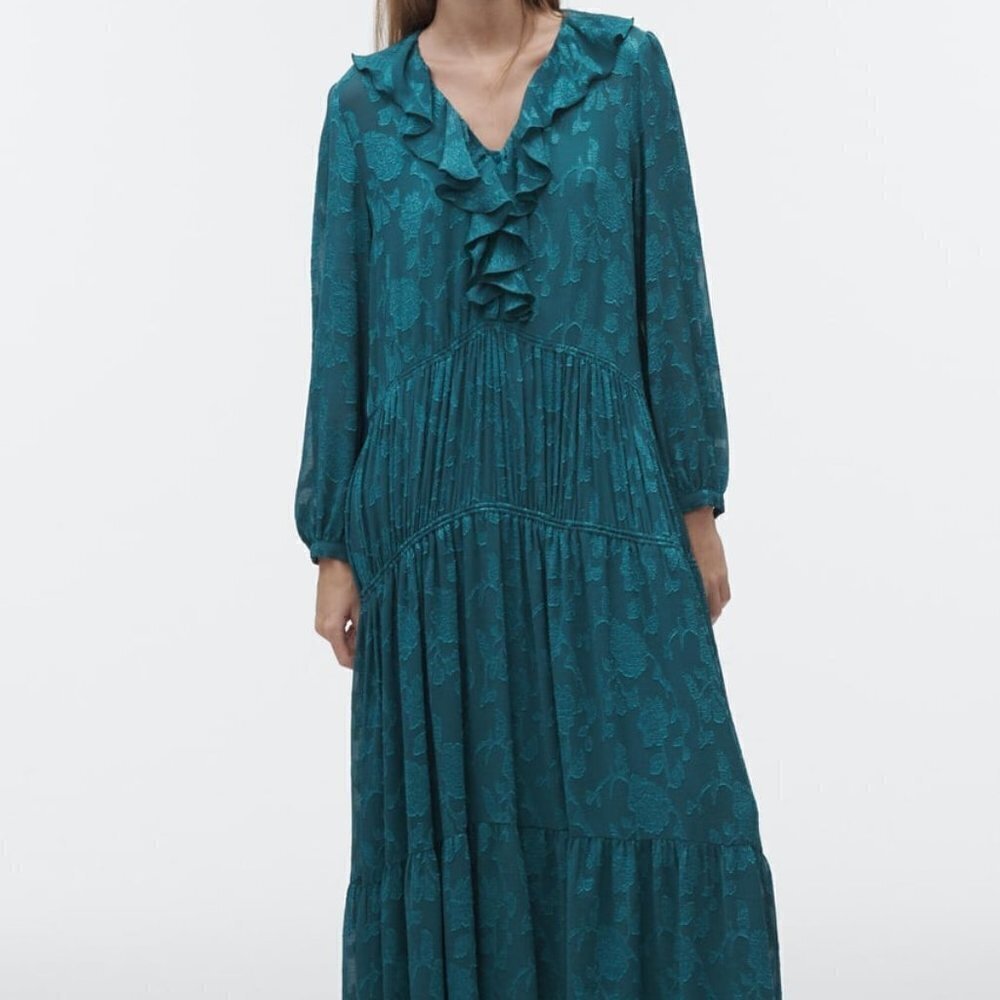 ZARA LONG JACQUARD DRESS WITH RUFFLES DUCK GREEN SIZE S  | 2202/893/538
